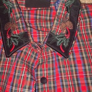 Vtg Karen Scott Tartan Plaid Velvet Trim Poinsettia Collar Shirt 1x Christmas